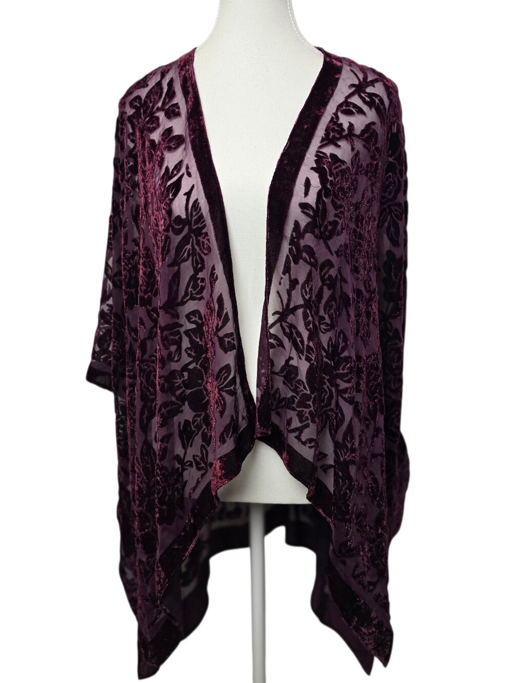 Woven Heart Maroon Velvet Burnout Floral Kimono One Size Whimsigoth Boho Fairy